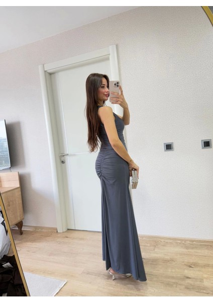 Kolsuz Büzgülü Uzun Elbise - Füme Akdenizpos Yeni