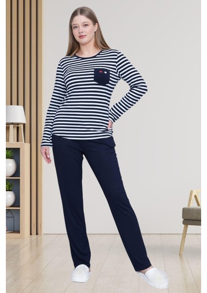 Mecit 6201 Lacivert Çizgili Büyük Beden Kadın Pijama Takımı