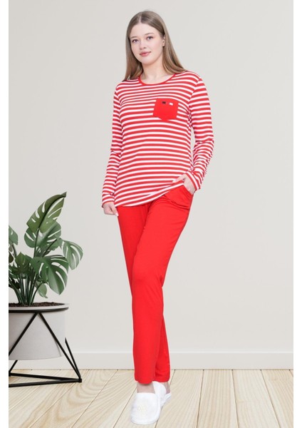 Mecit 6201 Kırmızı Çizgili Büyük Beden Kadın Pijama Takımı