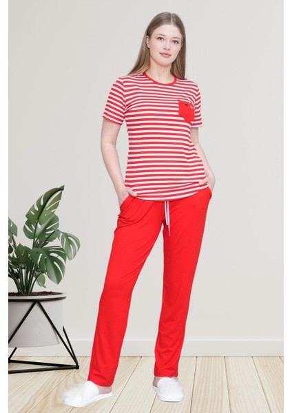 Mecit 6202 Kırmızı Çizgili Büyük Beden Kadın Pijama Takımı