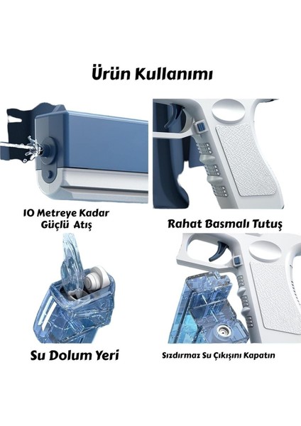 Şarjlı Tam Otomatik Su Tabancası 10 Metre Menzil 2 Yedek Hazneli Havuz Deniz Oyuncağı