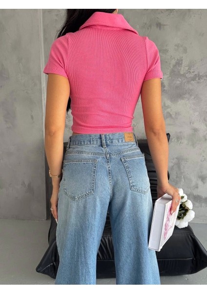 Kaşkorse Yaka Fermuarlı Bluz Fuşya indirimleri