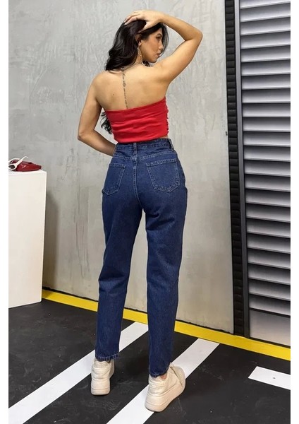 Düz Orta Kadın Mavi Slim Fit Mom Pantolon fiyatları