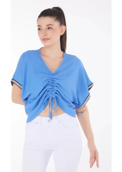 V Yaka Büzgülü Detaylı Bluz fırsatları
