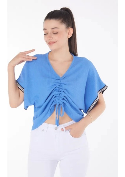 V Yaka Büzgülü Detaylı Bluz indirimleri