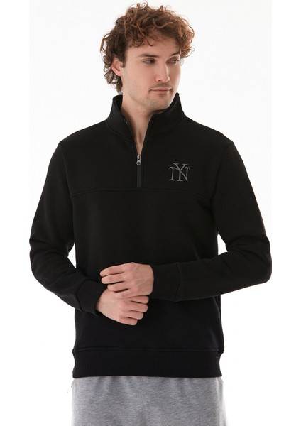 Ny Nakışlı Yarım Fermuarlı Dik Yaka Sweatshirt