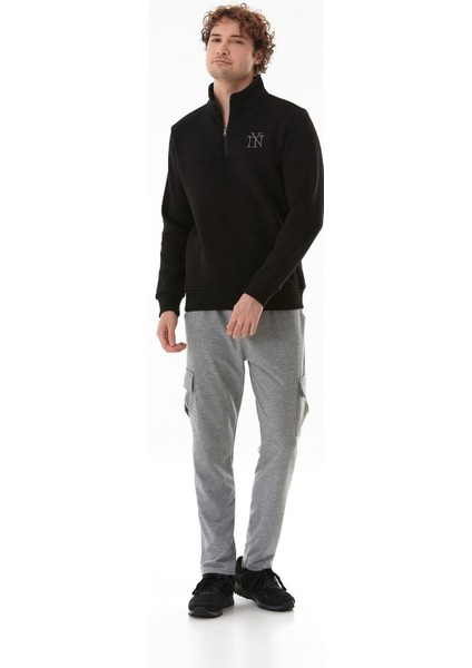 Ny Nakışlı Yarım Fermuarlı Dik Yaka Sweatshirt