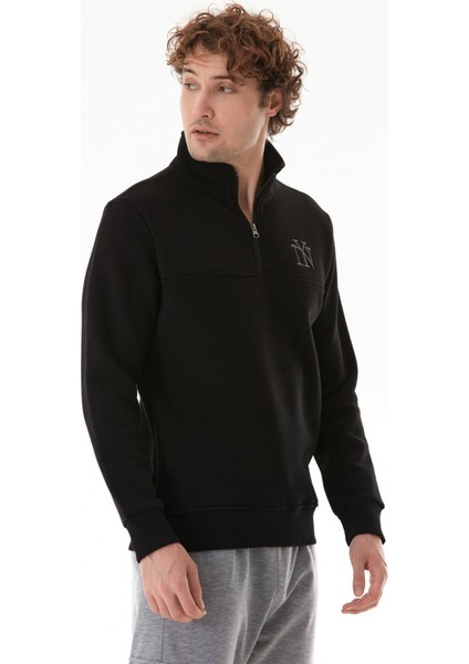 Ny Nakışlı Yarım Fermuarlı Dik Yaka Sweatshirt