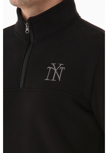 Ny Nakışlı Yarım Fermuarlı Dik Yaka Sweatshirt
