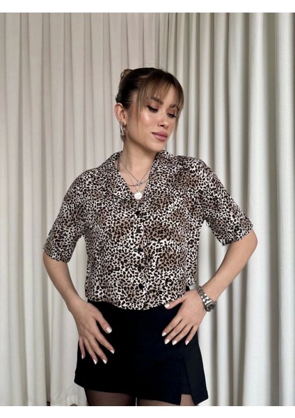 Leopar Desenli Crop Gömlek