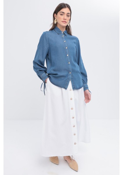 Kadın Kolu Bağcıklı Tencel Gömlek