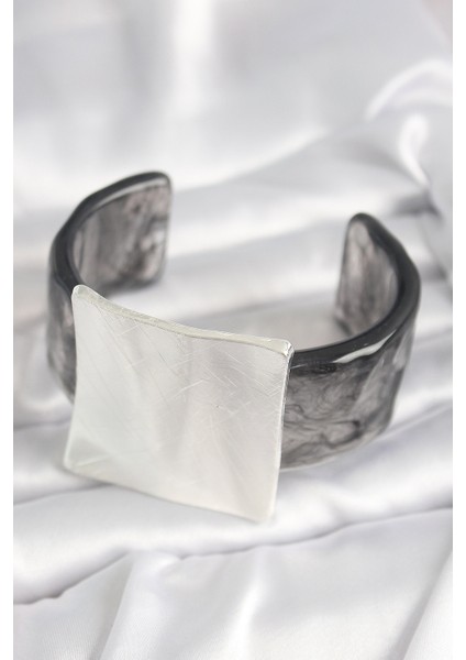 Siyah Mermer Desen Akrilik Plastik Gümüş Kare Plaka Model Vintage Kadın Bilezik fiyatları