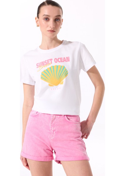 Bisiklet Yaka Baskılı Beyaz Kadın T-Shirt F5SL-TST0430 fiyatları