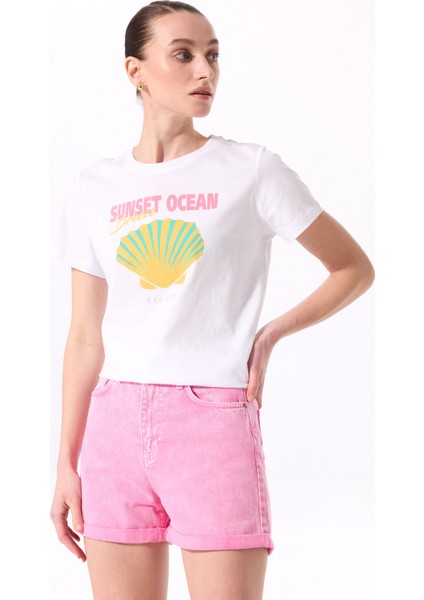 Bisiklet Yaka Baskılı Beyaz Kadın T-Shirt F5SL-TST0430 fırsatları
