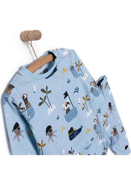 Uzun Kol Korsan Hayvanlar Desenli Bisiklet Yaka Pijama Takımı