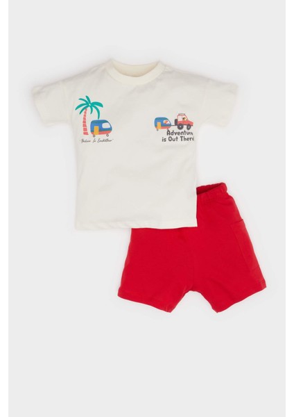 Erkek Bebek 2'li Takım Palmiye Baskılı Kısa Kollu Tişört Beli Lastikli Şort Alt E6813A525SM