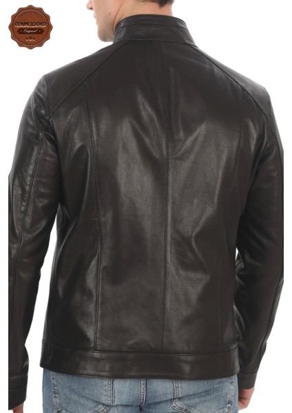 Erkek Mont Slim Fit Siyah Biker Ceket Fermuarlı Dik Yaka Derimont