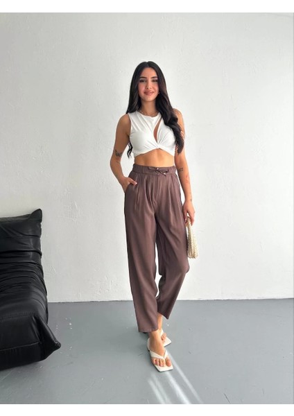 Kadın Yüksel Bel Rahat Paça Pantalon - Kahverengi
