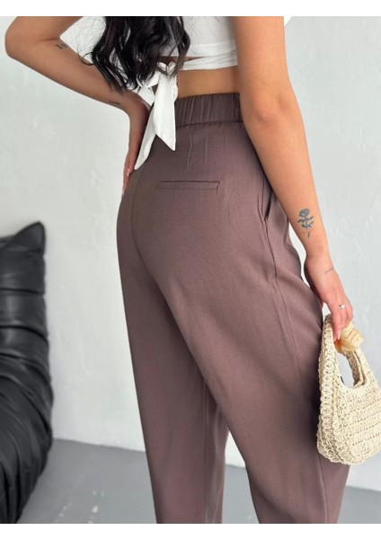 Kadın Yüksel Bel Rahat Paça Pantalon - Kahverengi