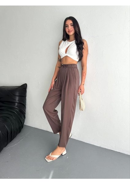 Kadın Yüksel Bel Rahat Paça Pantalon - Kahverengi