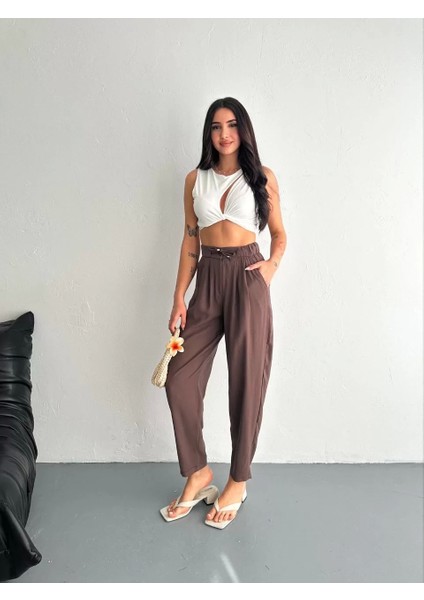 Kadın Yüksel Bel Rahat Paça Pantalon - Kahverengi