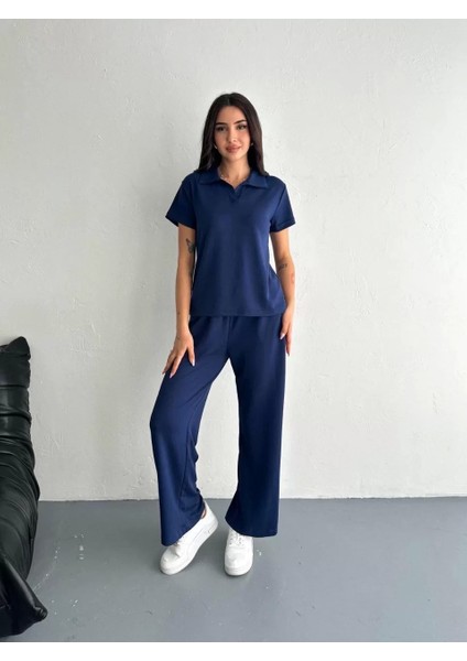 Osy Modal Yumuşak Dokulu Kumaş Kısa Kollu Yakalı T-Shirt Pantalon Ikili Takım- Lacivert