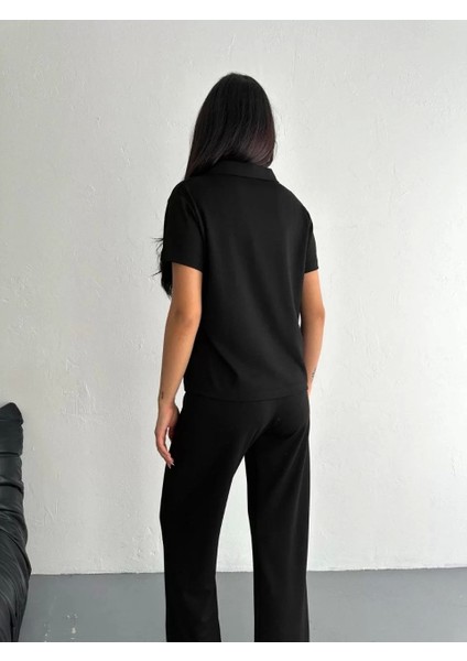 Osy Modal Yumuşak Dokulu Kumaş Kısa Kollu Yakalı T-Shirt Pantalon Ikili Takım- Siyah