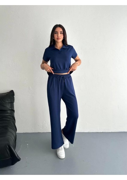 Osy Modal Yumuşak Dokulu Kumaş Kısa Kollu Yakalı T-Shirt Pantalon Ikili Takım- Lacivert