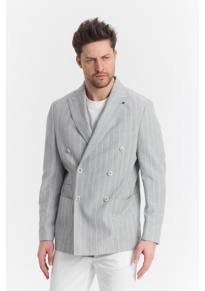 Vitao Erkek Bej Italyan Çizgili Kruvaze Yarım Astarlı Slim Fit Spor Blazer Ceket modelleri