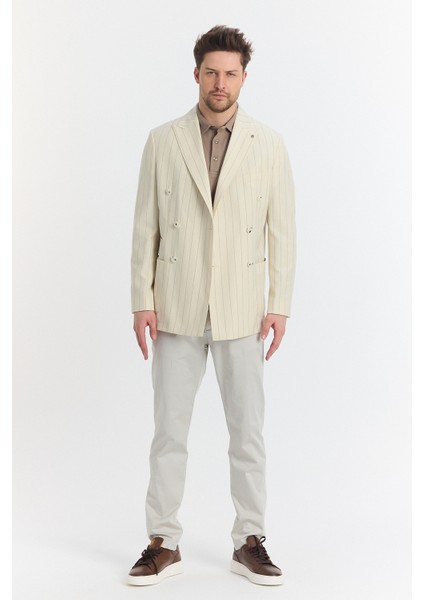 Vitao Erkek Bej Italyan Çizgili Kruvaze Yarım Astarlı Slim Fit Spor Blazer Ceket modelleri
