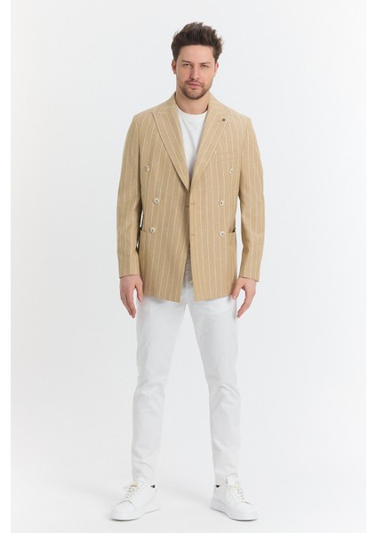 Vitao Erkek Bej Italyan Çizgili Kruvaze Yarım Astarlı Slim Fit Spor Blazer Ceket