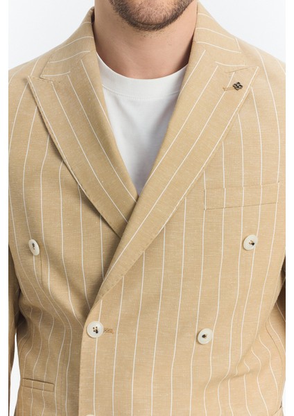 Vitao Erkek Bej Italyan Çizgili Kruvaze Yarım Astarlı Slim Fit Spor Blazer Ceket modelleri