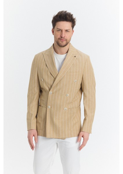 Vitao Erkek Bej Italyan Çizgili Kruvaze Yarım Astarlı Slim Fit Spor Blazer Ceket fırsatları