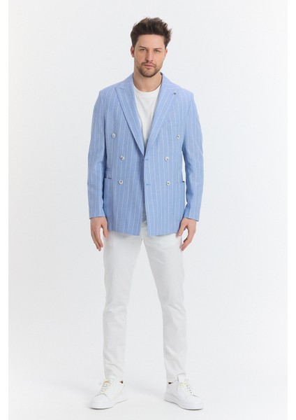 Vitao Erkek Bej Italyan Çizgili Kruvaze Yarım Astarlı Slim Fit Spor Blazer Ceket