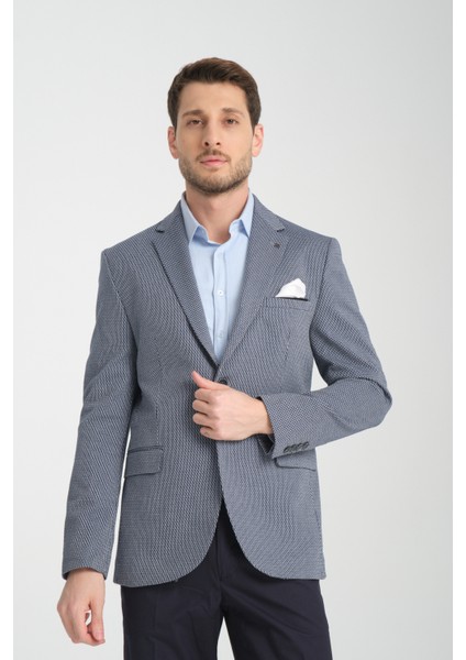 Bacco Erkek Lacivert Mono Yaka Kendinden Desenli Slim Fit Dar Kesim Blazer Ceket