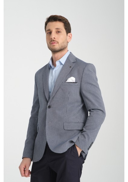 Bacco Erkek Lacivert Mono Yaka Kendinden Desenli Slim Fit Dar Kesim Blazer Ceket modelleri
