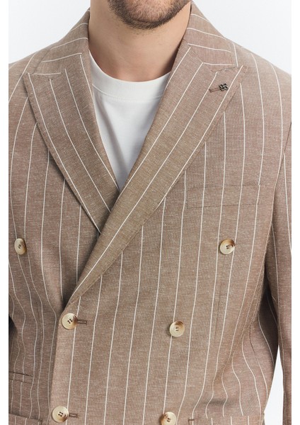 Vitao Erkek Bej Italyan Çizgili Kruvaze Yarım Astarlı Slim Fit Spor Blazer Ceket fırsatları