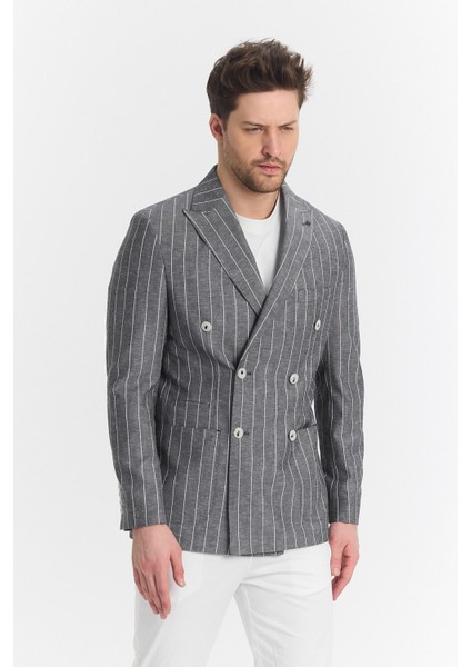 Vitao Erkek Bej Italyan Çizgili Kruvaze Yarım Astarlı Slim Fit Spor Blazer Ceket