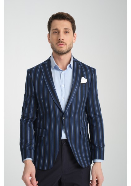 Adora Erkek Lacivert Bordo Italyan Çizgili Slim Fit Mono Yaka Esneyen Kumaş Blazer Ceket