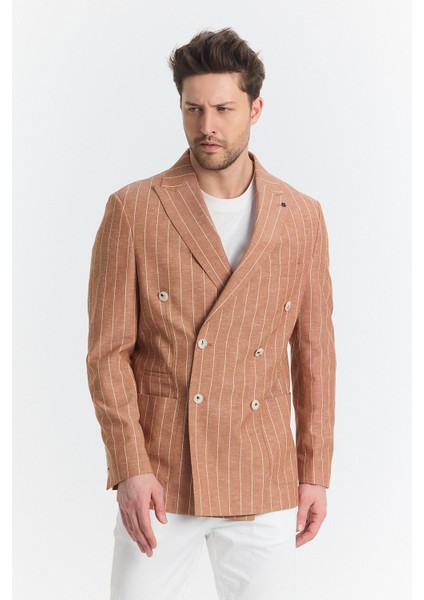 Vitao Erkek Bej Italyan Çizgili Kruvaze Yarım Astarlı Slim Fit Spor Blazer Ceket fiyatları
