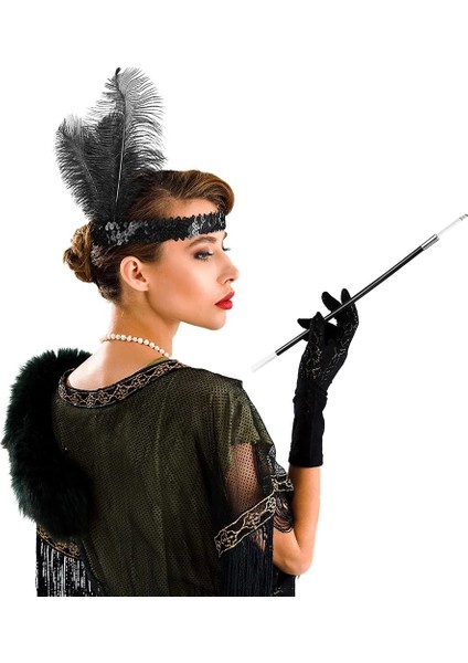 1920'LER Gatsby Aksesuar Seti – Siyah Charleston Saç Bandı & Sigaralık