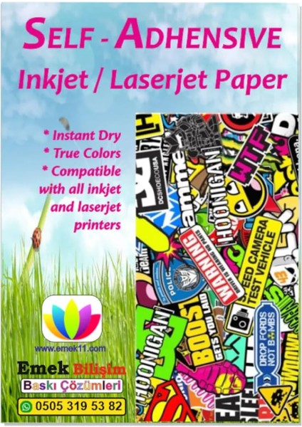 ve Laser Uyumlu Sticker Güçlü Yapışkanlı A4 Etiket Kağıdı Mat Yüzeyli 120GSM (20 Yaprak)