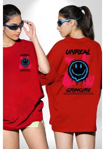 Gerçek Değil Gülen Surat Gift Kadın Erkek Ön Minimal Sırt Baskılı Kırmızı Pamuklu Tişört