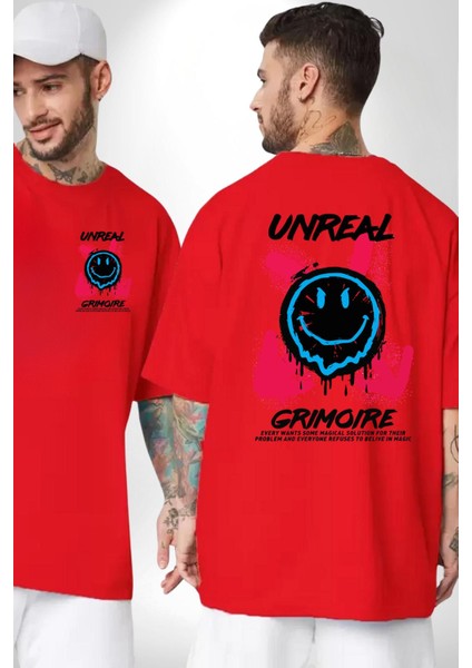 Gerçek Değil Gülen Surat Gift Kadın Erkek Ön Minimal Sırt Baskılı Kırmızı Pamuklu Tişört fırsatları