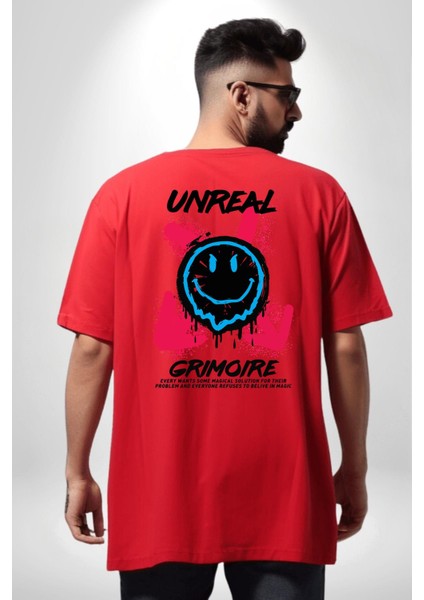 Gerçek Değil Gülen Surat Gift Kadın Erkek Ön Minimal Sırt Baskılı Kırmızı Pamuklu Tişört indirimleri