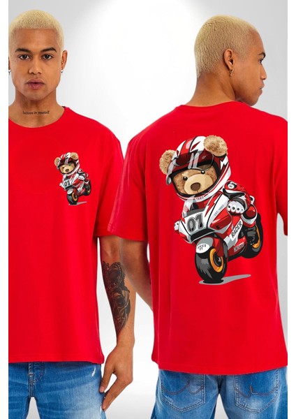 Profesyonel Motorcu Oyuncak Ayı Kadın Erkek Ön Minimal Sırt Baskılı Kırmızı Pamuklu Tişört