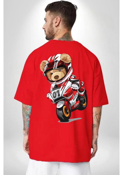 Profesyonel Motorcu Oyuncak Ayı Kadın Erkek Ön Minimal Sırt Baskılı Kırmızı Pamuklu Tişört fiyatları