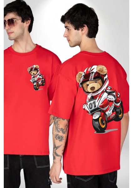 Profesyonel Motorcu Oyuncak Ayı Kadın Erkek Ön Minimal Sırt Baskılı Kırmızı Pamuklu Tişört fırsatları