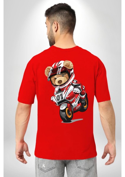 Profesyonel Motorcu Oyuncak Ayı Kadın Erkek Ön Minimal Sırt Baskılı Kırmızı Pamuklu Tişört indirimleri