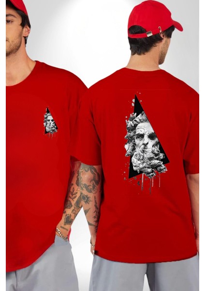 Kuru Kafa Heykel Üçgen Sanatsal Kadın Erkek Ön Minimal Sırt Baskılı Kırmızı Pamuklu Tişört